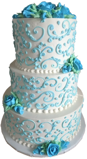 3 tier light blue and white buttercream wedding cake delivered in Dillsburg PA. Wedding cakes Dillsburg PA