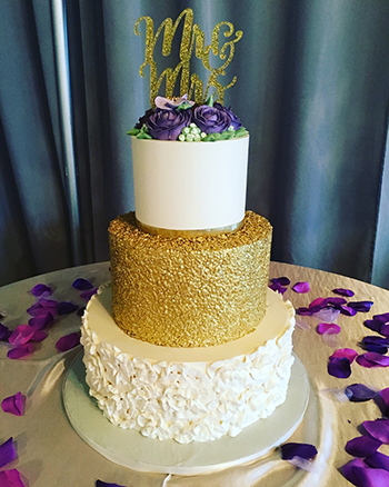 3 Tier buttercream ruffles and gold sequin wedding cake, delivered to the bond, in York PA