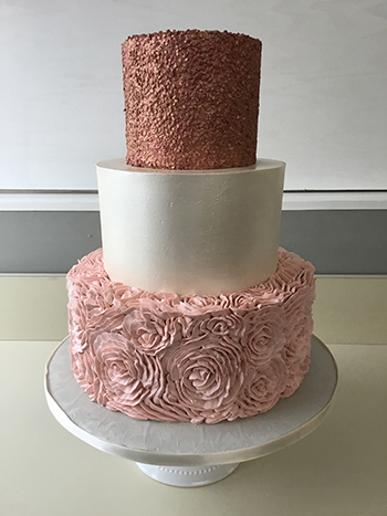 3 Tier pearlised paint, rose gold sequins and blush ruffles all buttercream wedding cake, delivered to Stock's Manor, in Mechanicsburg, PA