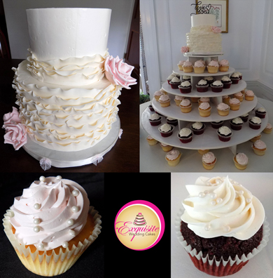 2 Tier buttercream wedding cake decorated with fondant ruffles and handmade blush sugar roses along with cupcakes, topped with swirls of buttercream and decorated with sugar pearls. Cake and cupakes York PA