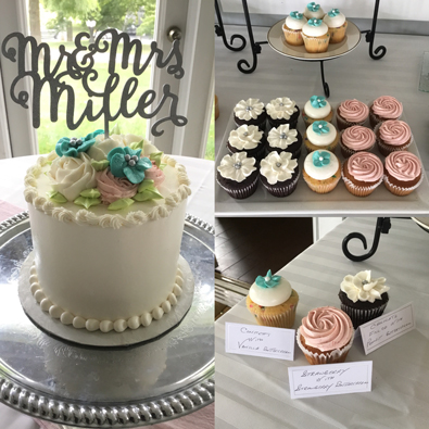 Small wedding cutting cake and cupcakes of assorted flavors. Stock's Manor Mechanicsburg PA