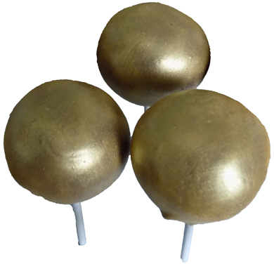 Yellow cake pops, dipped in milk chocolate and painted gold. Cake pops York PA