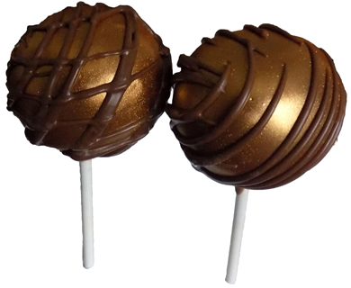 Yellow cake pops, dipped in milk chocolate, painted copper and decorated with chocolate stripes. Metallic Cake pops York PA