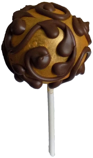 Yellow cake pops, dipped in milk chocolate, painted gold and decorated with chocolate scrolls. Cake pops York PA