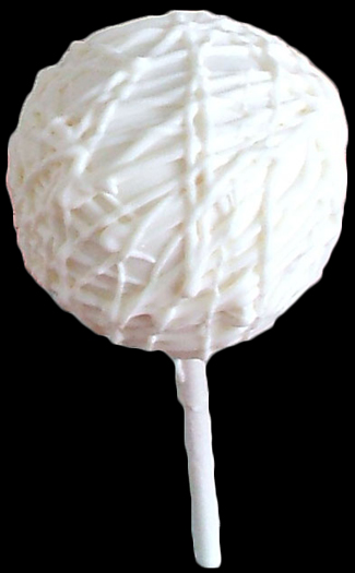 Chocolate cake pop dipped in white chocolate and decorated with white chocolate lines