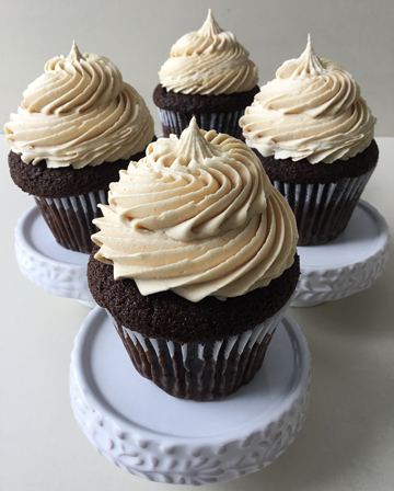 Chocolate cupcakes, topped with swirls of our sweet bakery peanut buttercream using a French start tip