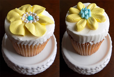 White vanilla cupcakes, filled with chocolate buttercream, iced with vanilla buttercream and decorated with yellow buttercream flowers - cupcakes York PA