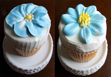 White vanilla cupcakes, filled with chocolate buttercream, iced with vanilla buttercream and decorated with light blue buttercream flowers - cupcakes York PA